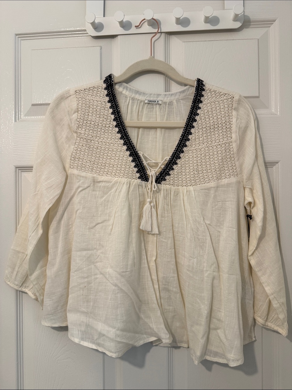 Forever 21 Cream Peasant Tunic with Black Trim